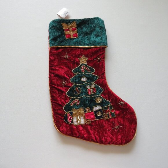 Vintage Christmas Tree Gifts Embellished Sequins & Beads Crushed Velvet Stocking - Picture 1 of 8